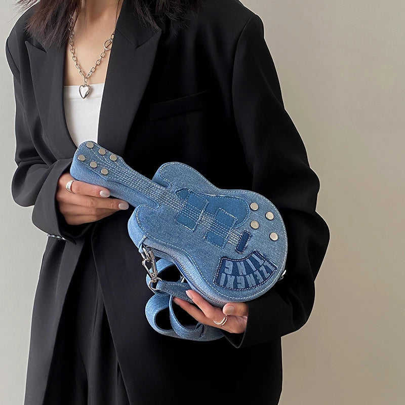 Unique Guitar-Shaped Denim Crossbody Bag for Women