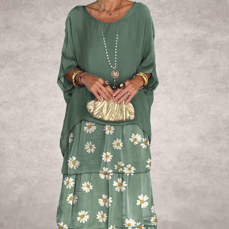 Konstnärlig lös klänning/chiffonnät dolmanärmad långklänning med rund hals