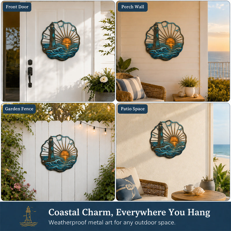 🌅 Golden Harbour Lighthouse Mural – Vintage Coastal-Style Metal Wall Decoration⚓