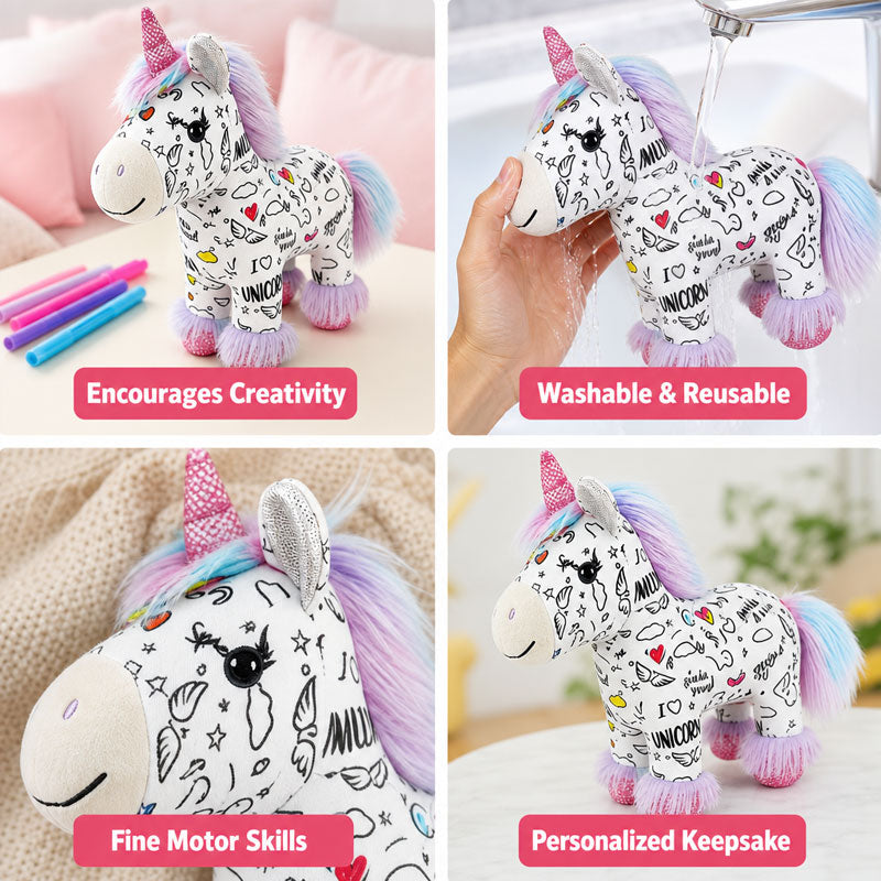 🦄DIY Color-In Unicorn Plush Toy Kit  - Washable & Reusable Art Fun /with 12 Washable Markers