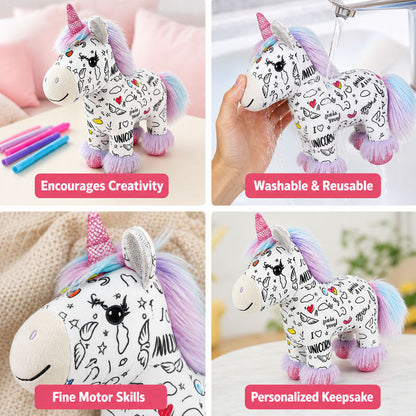 🦄DIY Color-In Unicorn Plush Toy Kit  - Washable & Reusable Art Fun /with 12 Washable Markers