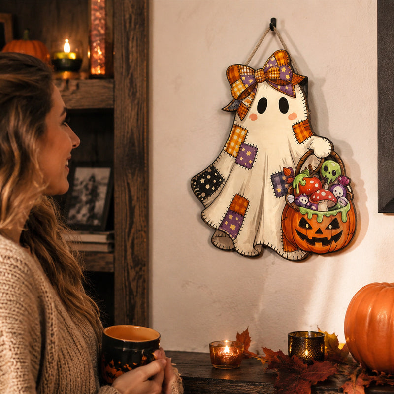 👻Patchwork Ghost Hanging Wooden Card