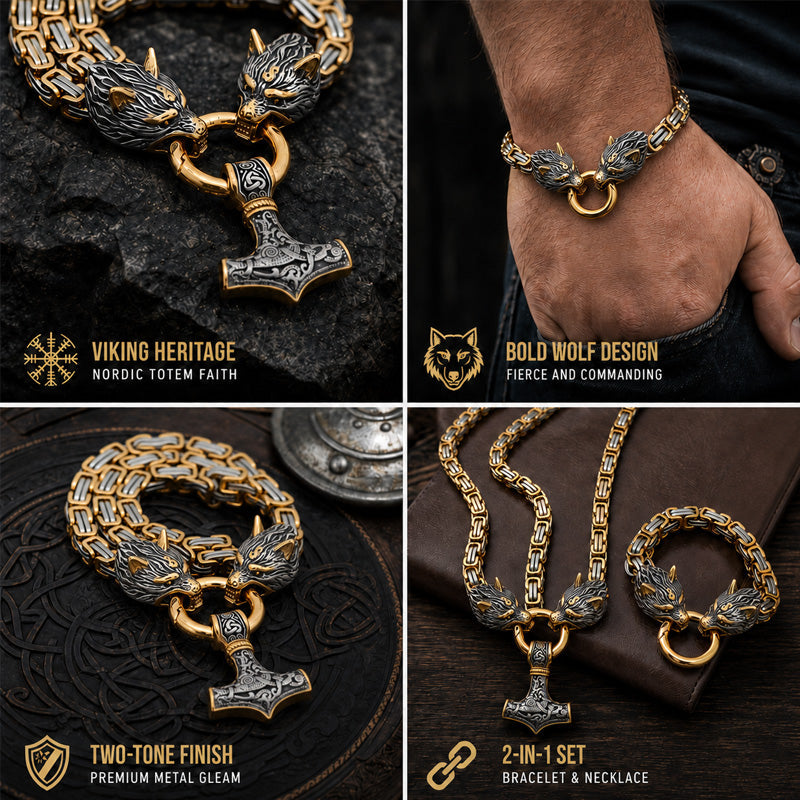🐺Viking Wolf Head Mjölnir Hammer Jewelry Set ⚡– Stainless steel with Byzantine chain – Bold & durable – perfect for daily wear or gifting ✨💪