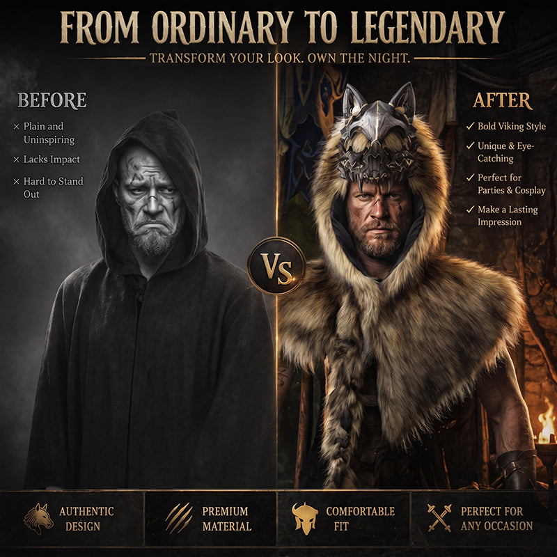 🐺Halloween Medieval Viking Faux Wolf Skull Hooded Cape