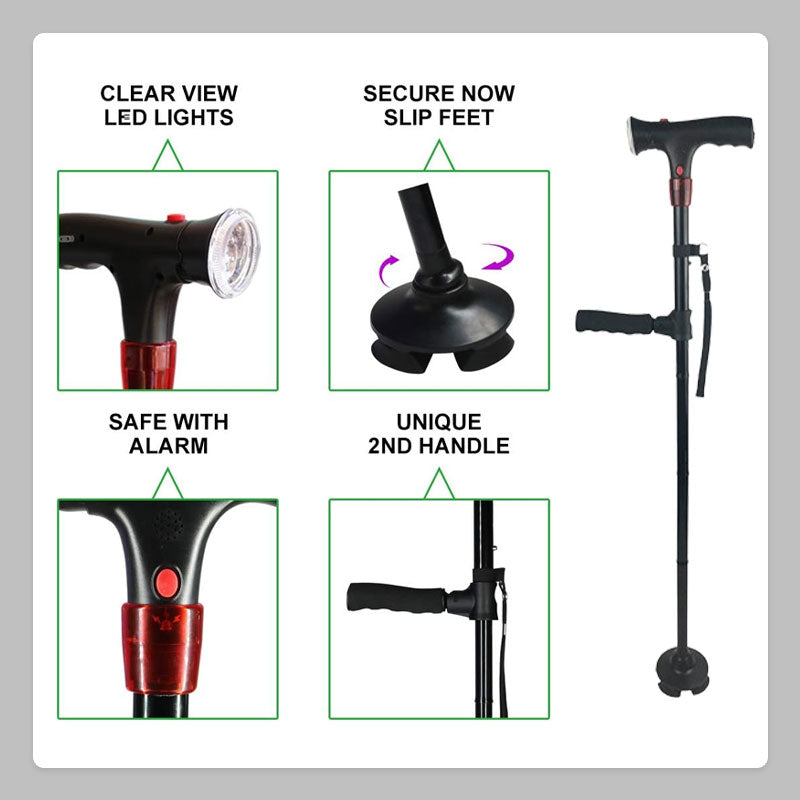 Larm LED Dubbelhandtag Äldrekäpp