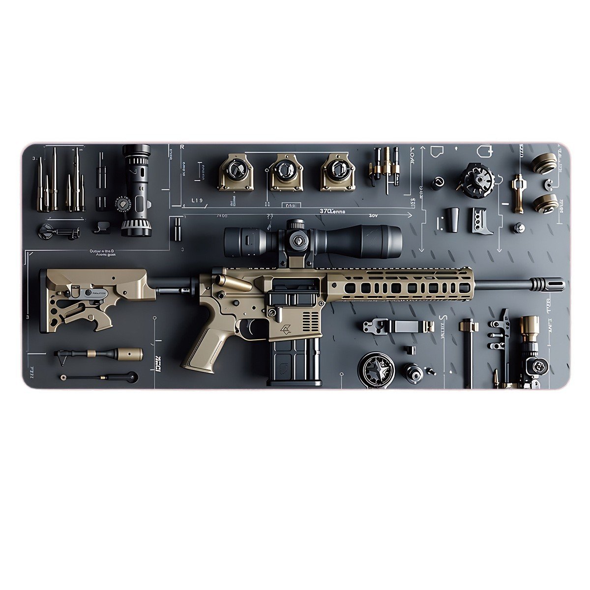 Cool Military Weapon Build Weapon Parts Display Stor musmatta för spel, snyggt skrivbordsskydd med halkfritt gummi, flera storlekar för bärbar dator och skrivbord