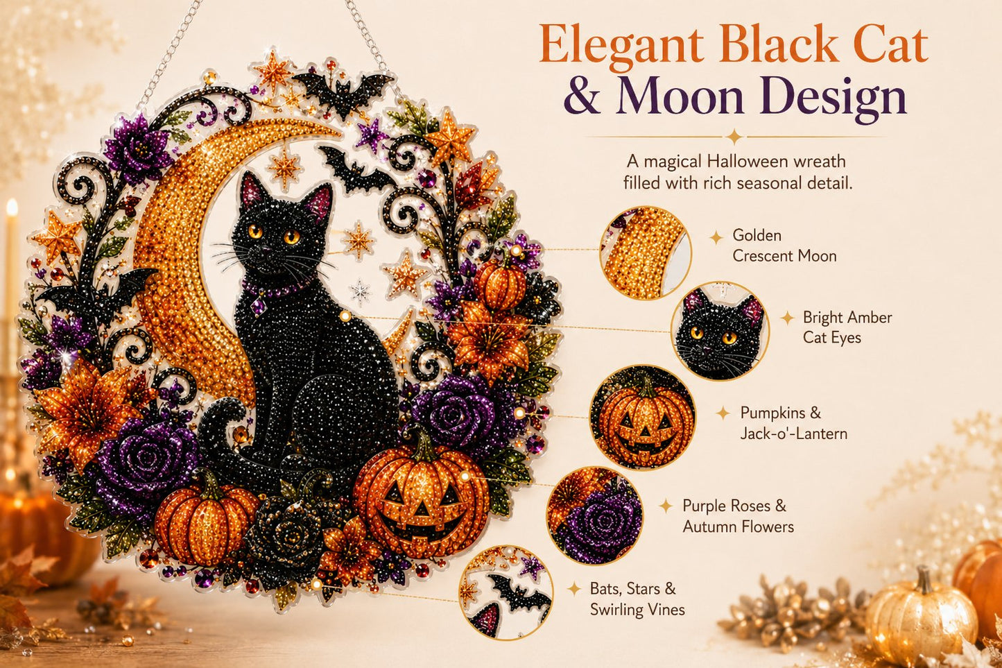 🎃Black Cat Moon Diamond Art Hanging Ornament Kit – Relaxing DIY Halloween Craft 💎