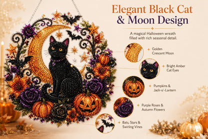 🎃Black Cat Moon Diamond Art Hanging Ornament Kit – Relaxing DIY Halloween Craft 💎