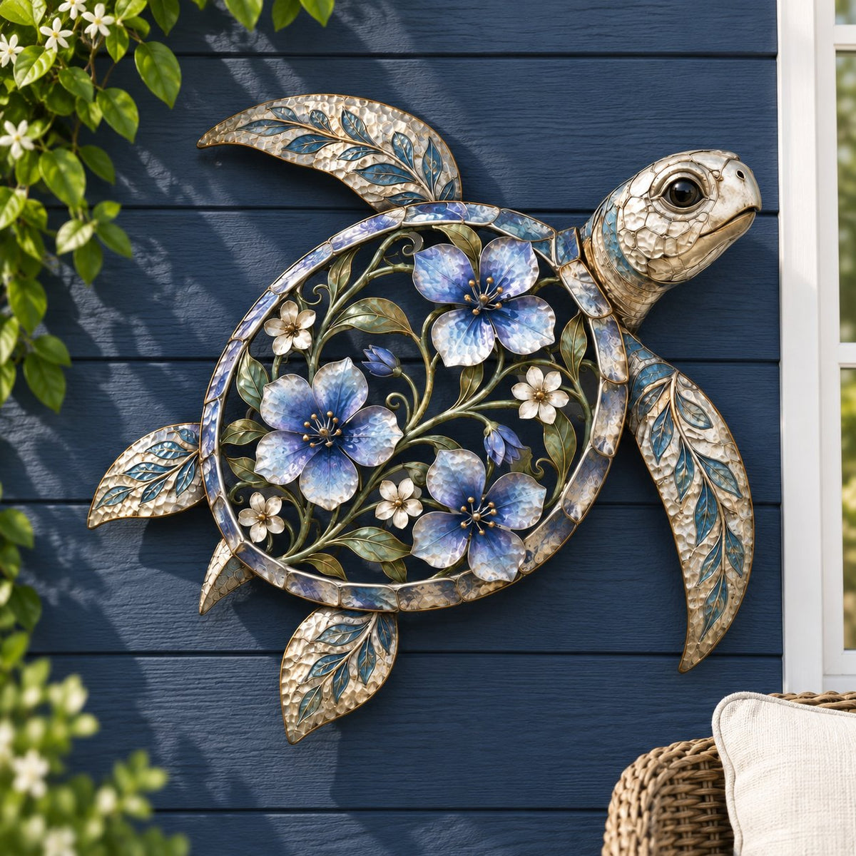 🐢 Sea Turtle Wall Sculpture — Enameled Floral Coastal Art with Textured Metal Scales | Indoor & Outdoor Ocean Decor for Porch, Patio & Garden