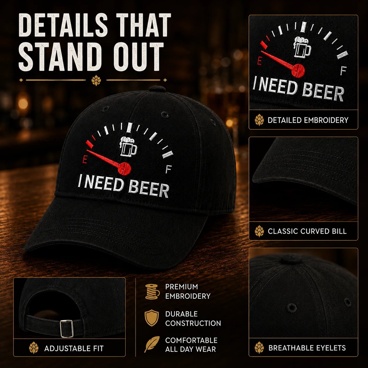 🍺 ‘I NEED BEER’ Embroidered Baseball Cap – Unisex Memorial Hat🧢 100% Cotton