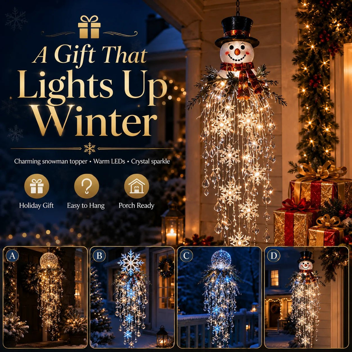 ❄️Crystal Cascade Christmas Lights – Hanging LED Veranda Decorations: Snowflakes & Crystals ✨