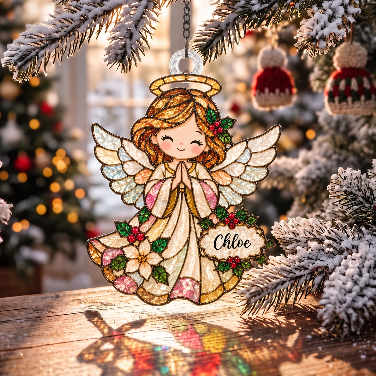 🌈Personalized Christmas-themed Stained Glass Ornament – ‘Sun Catcher’ tree decoration with space to write a name
