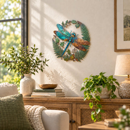 🍃‘Emerald Vines and Perched Dragonflies’ Wall Art – Vintage Pastoral-Style Metal Wall Decoration