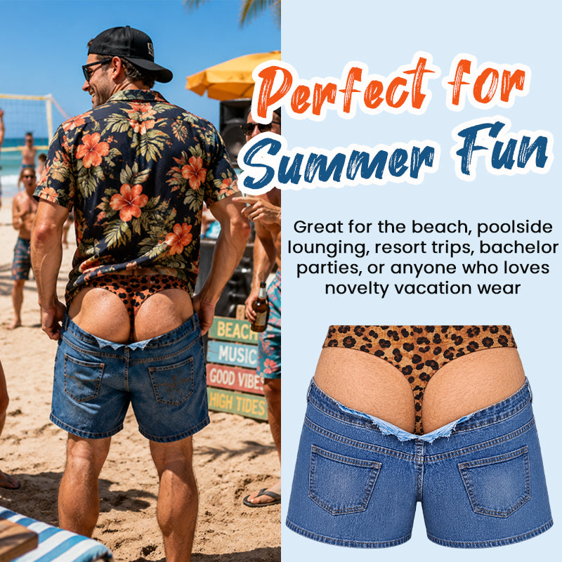 ☀️ Funny Leopard‑Print Fake Denim Swim Shorts and T-shirts with fake muscle prints | Quirky optical illusion beachwear