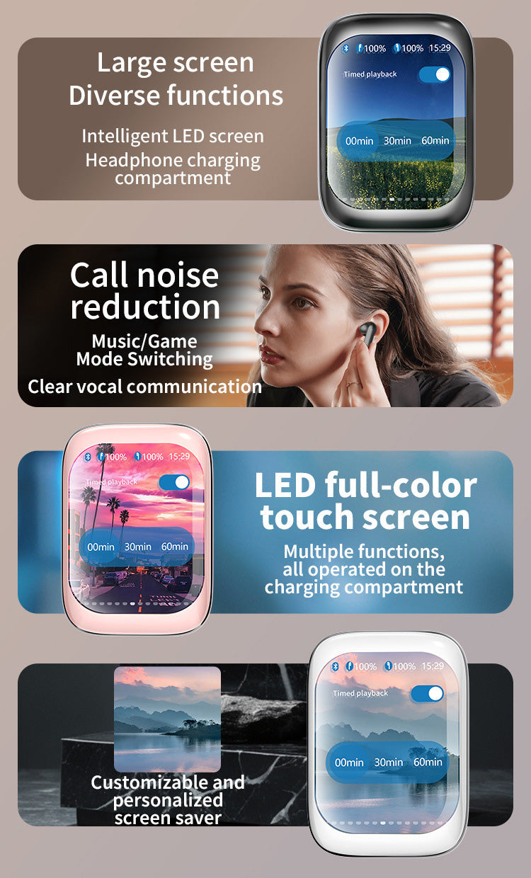 Smarta Bluetooth-hörlurar med stor skärm och slider