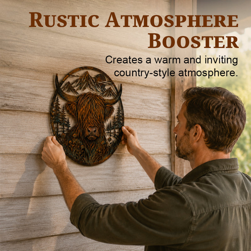 🐂Highland Cow Mountain Scene Metal Wall🏔️