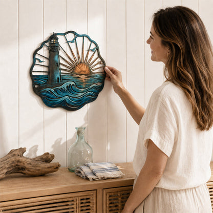 🌅 Golden Harbour Lighthouse Mural – Vintage Coastal-Style Metal Wall Decoration⚓