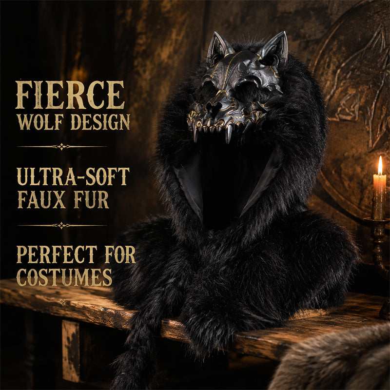 🐺Halloween Medieval Viking Faux Wolf Skull Hooded Cape