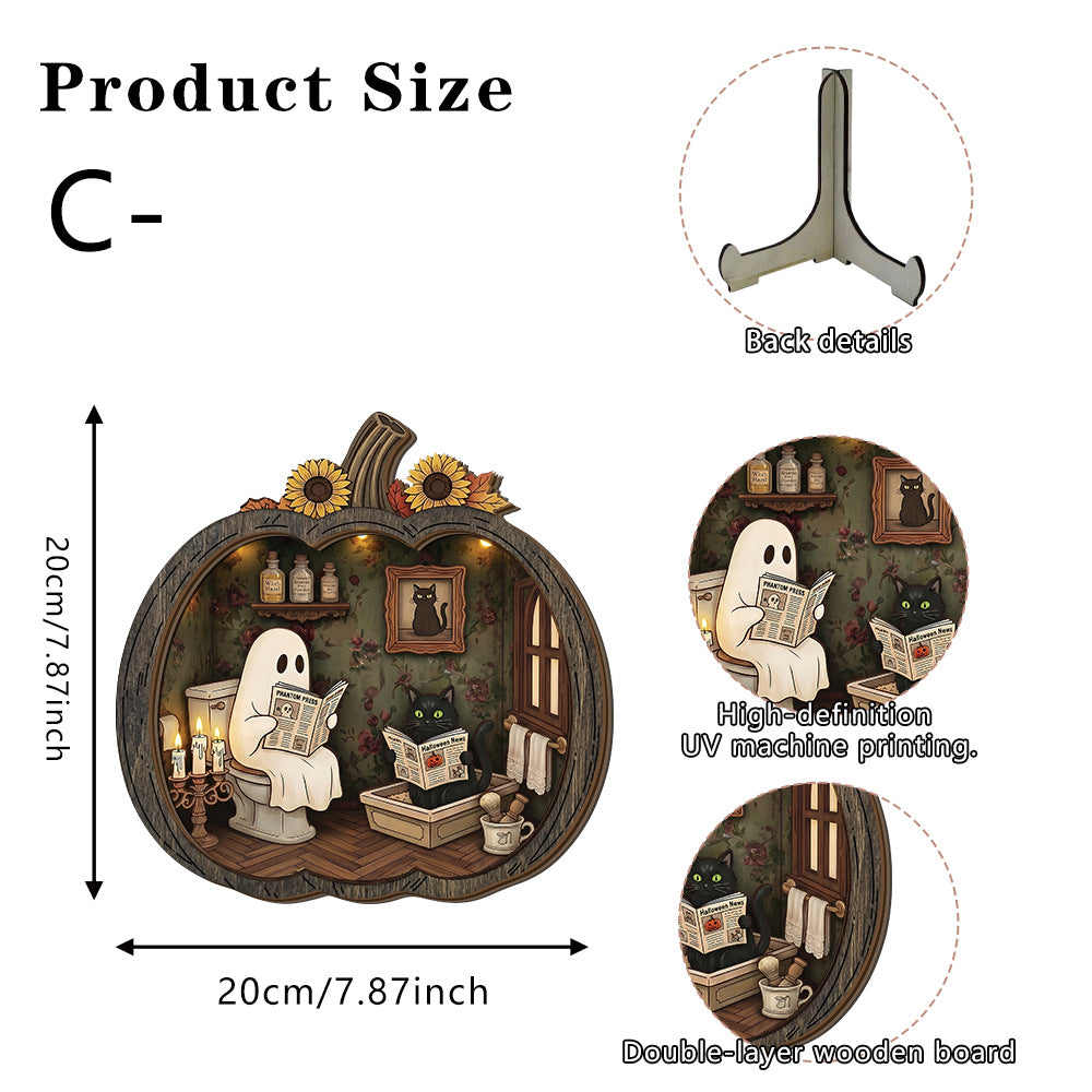 👻 Enchanting Halloween Ghost Pumpkin Decor | Cozy Wooden Tabletop Ornament with Charming Scenes