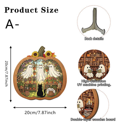 👻 Enchanting Halloween Ghost Pumpkin Decor | Cozy Wooden Tabletop Ornament with Charming Scenes