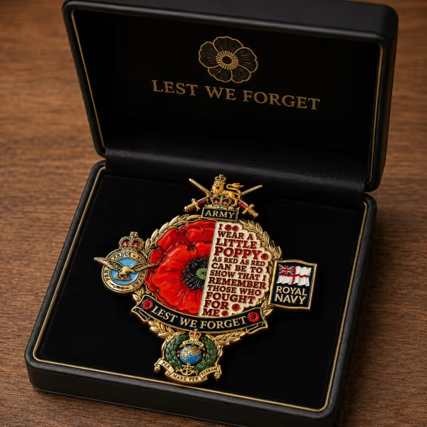 Remembrance tribute poppy badge in keepsake box
