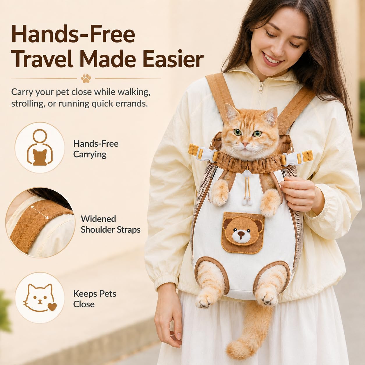 Cute Bear Design Front Pet Carrier Backpack -- Breathable Adjustable Hands-Free Travel Chest Bag