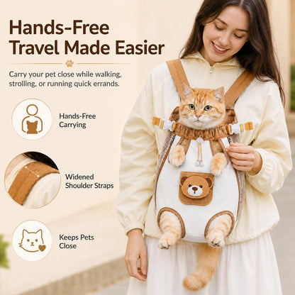 Cute Bear Design Front Pet Carrier Backpack -- Breathable Adjustable Hands-Free Travel Chest Bag