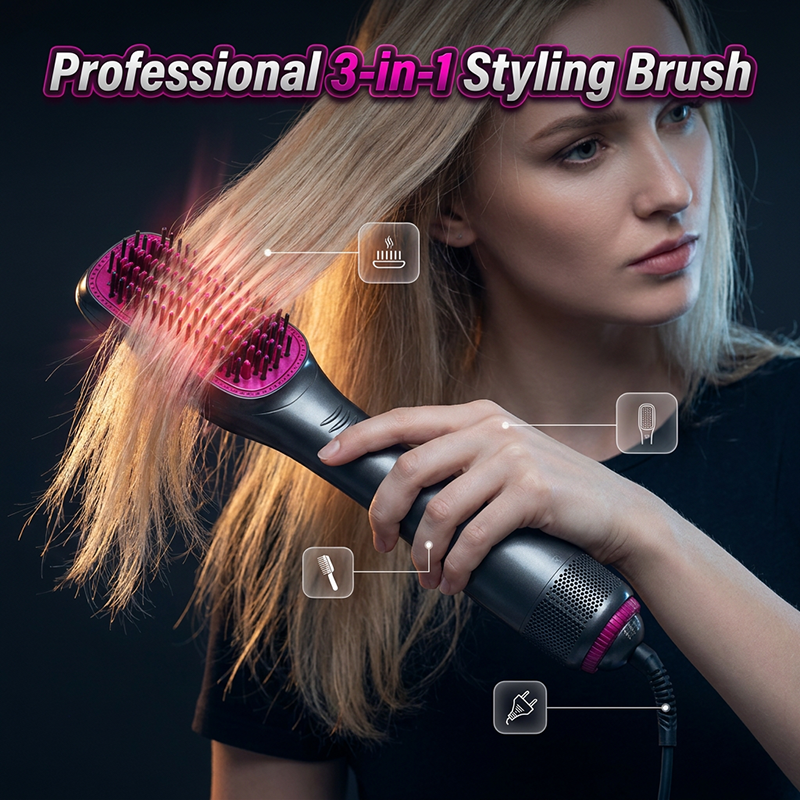 3-in-1 Hot Air Hair Brush and Curler—Quick Curling Wand and Electric Straightening Brush