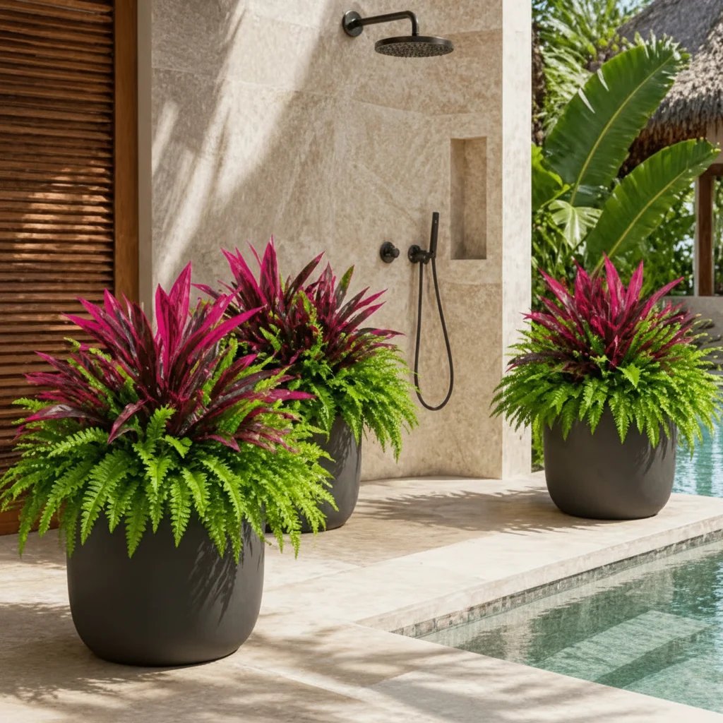 🌿 UV-resistant artificial ferns & red dragon trees – Full, lush, and colorfast!