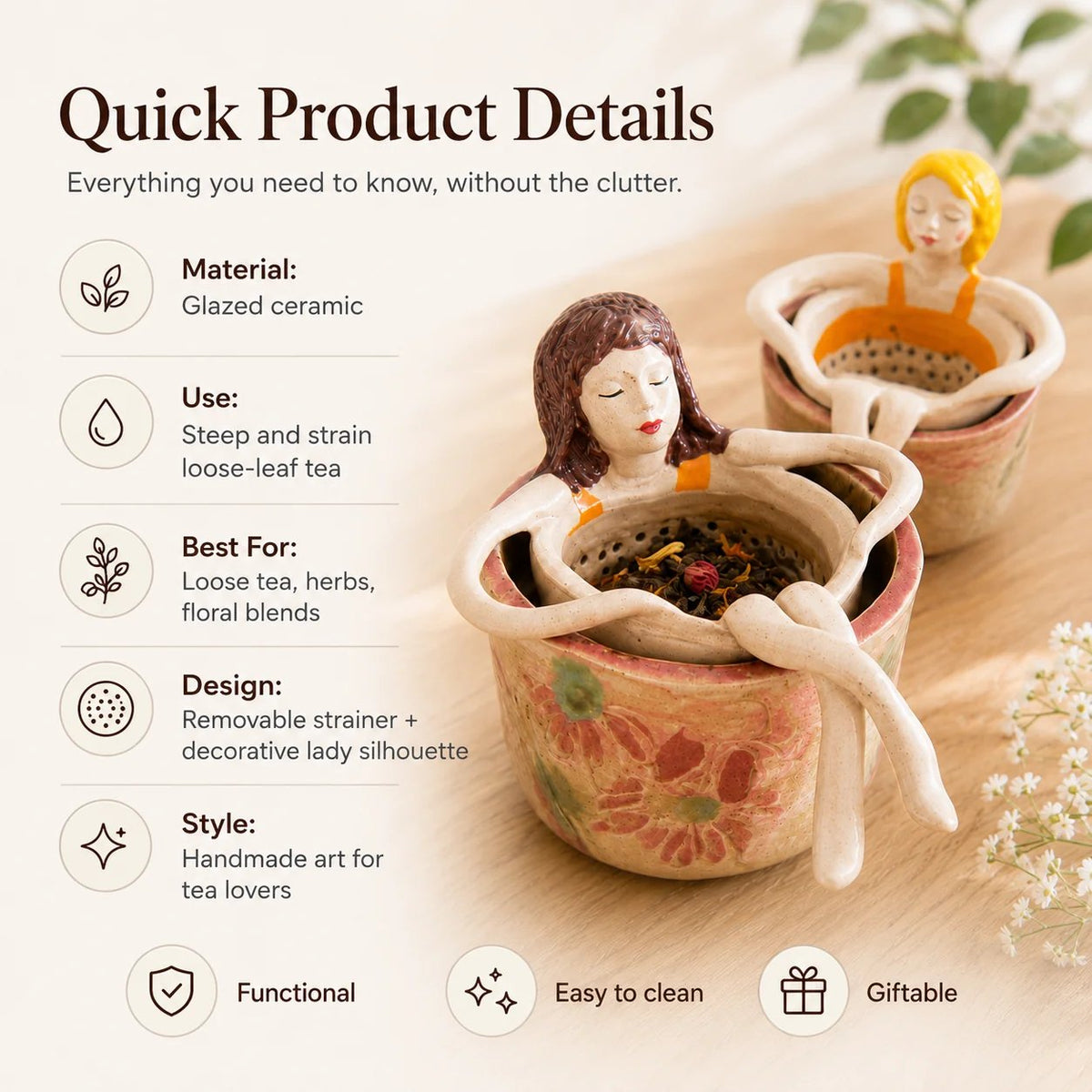 🍵Whimsical Sitting Lady Ceramic Tea Strainer Collection