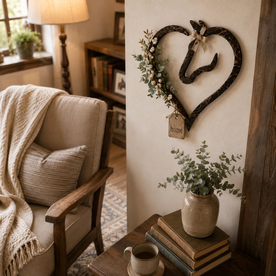 💖Rustic Horse Heart Wall Decor with Greenery – Farmhouse Equestrian Home Accent