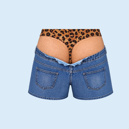 ☀️ Funny Leopard‑Print Fake Denim Swim Shorts and T-shirts with fake muscle prints | Quirky optical illusion beachwear