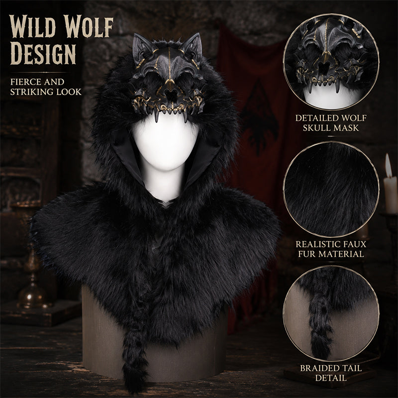 🐺Halloween Medieval Viking Faux Wolf Skull Hooded Cape