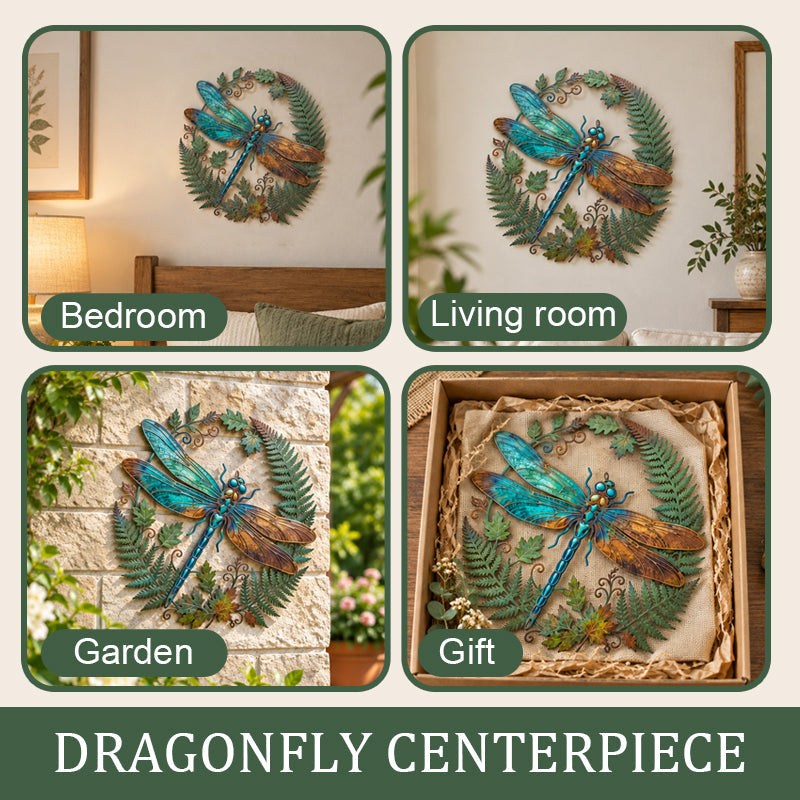 🍃‘Emerald Vines and Perched Dragonflies’ Wall Art – Vintage Pastoral-Style Metal Wall Decoration