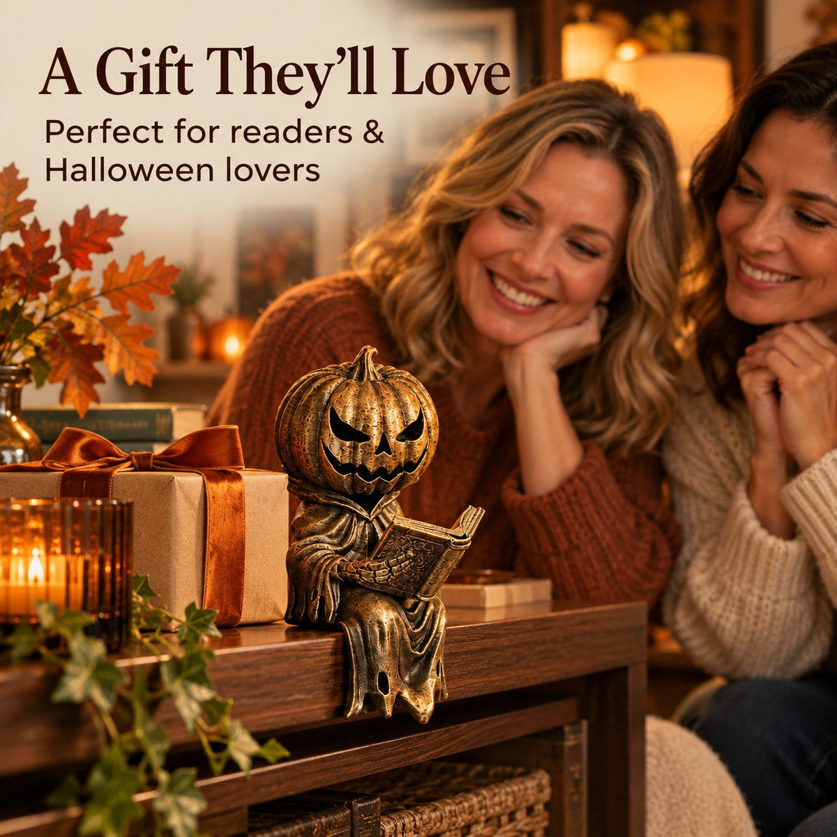 🎃Reading Pumpkin Shelf Sitter Cozy Halloween Bookshelf Decor for Book Lovers