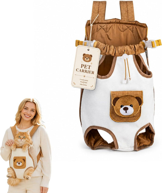 Cute Bear Design Front Pet Carrier Backpack -- Breathable Adjustable Hands-Free Travel Chest Bag