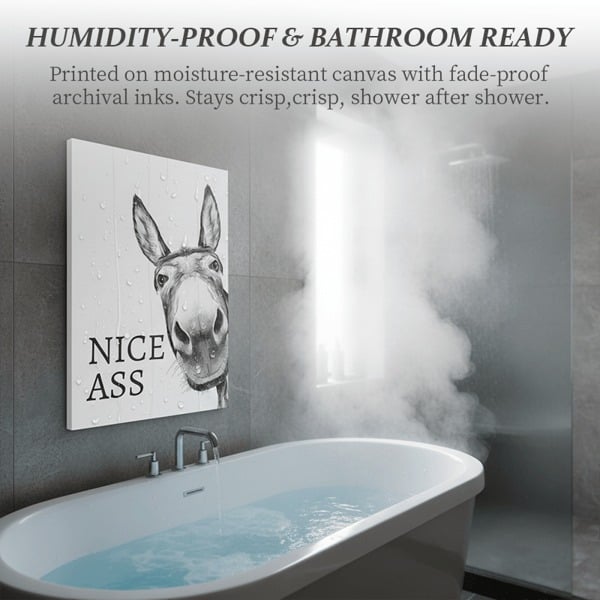 The cheeky "Nice Ass" donkey bathroom canvas art Hidden humour for pure jo