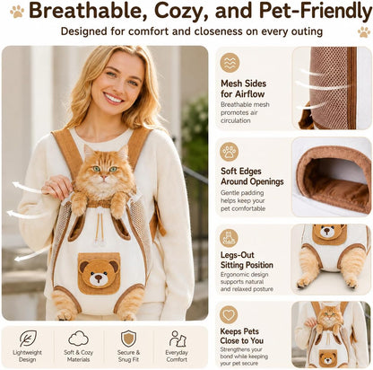 Cute Bear Design Front Pet Carrier Backpack -- Breathable Adjustable Hands-Free Travel Chest Bag