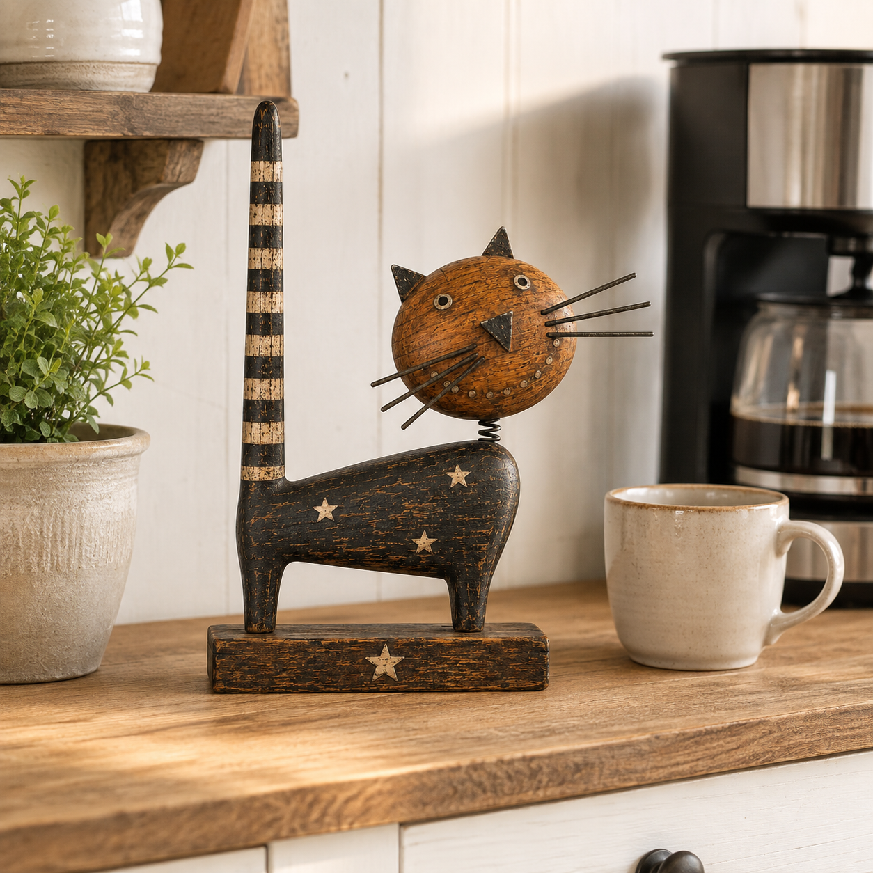 🐈Vintage Primitive Wooden Cat with Metal Accents