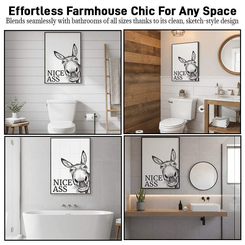 The cheeky "Nice Ass" donkey bathroom canvas art Hidden humour for pure jo