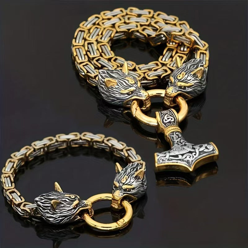 🐺Viking Wolf Head Mjölnir Hammer Jewelry Set ⚡– Stainless steel with Byzantine chain – Bold & durable – perfect for daily wear or gifting ✨💪