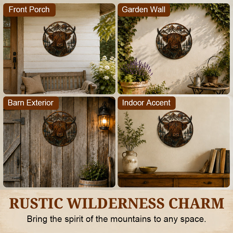 🐂Highland Cow Mountain Scene Metal Wall🏔️
