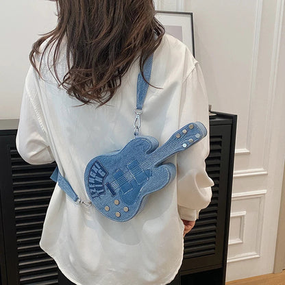 Unique Guitar-Shaped Denim Crossbody Bag for Women