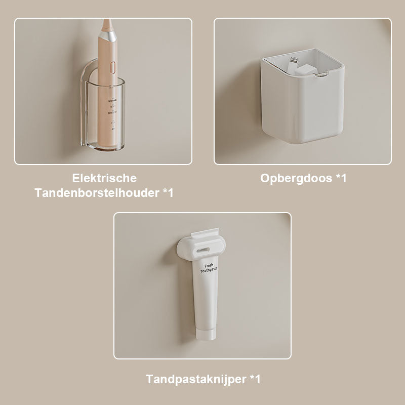 Stansfri, väggmonterad förvaring av tandborstar