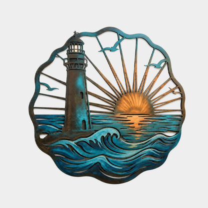 🌅 Golden Harbour Lighthouse Mural – Vintage Coastal-Style Metal Wall Decoration⚓