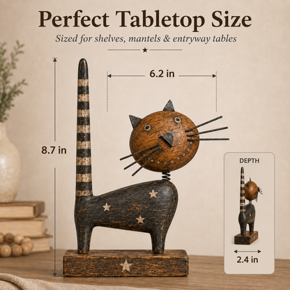 🐈Vintage Primitive Wooden Cat with Metal Accents