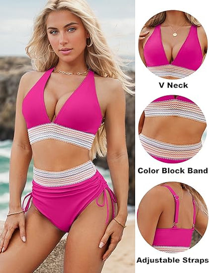 2024 High-Wisted Mage Control Color Block Bikini Set