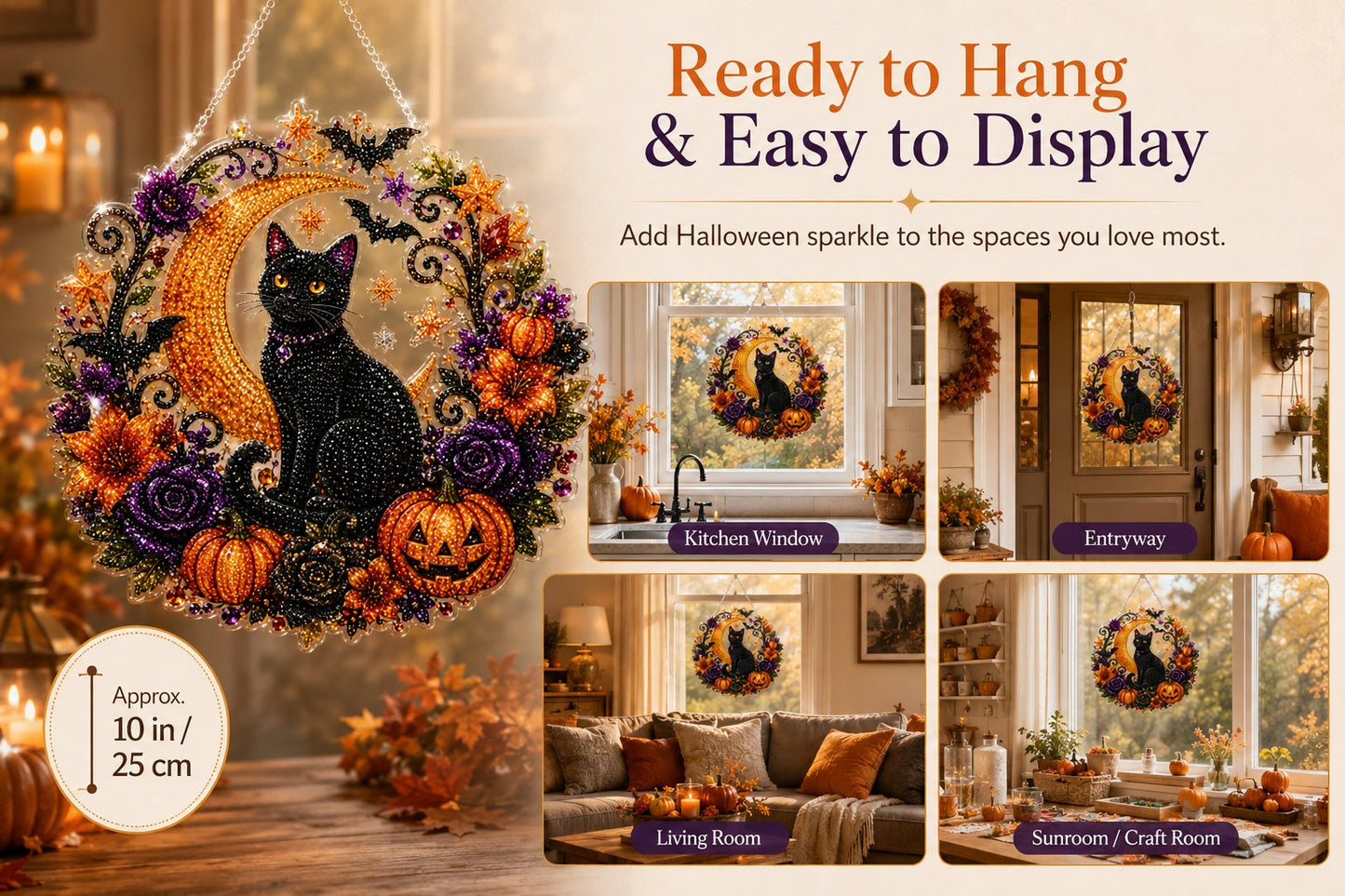 🎃Black Cat Moon Diamond Art Hanging Ornament Kit – Relaxing DIY Halloween Craft 💎