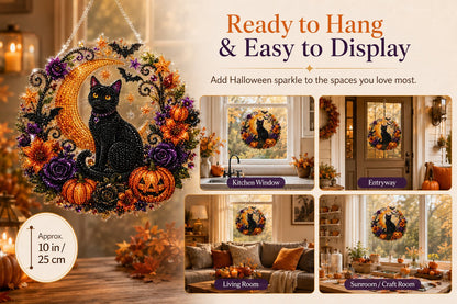 🎃Black Cat Moon Diamond Art Hanging Ornament Kit – Relaxing DIY Halloween Craft 💎