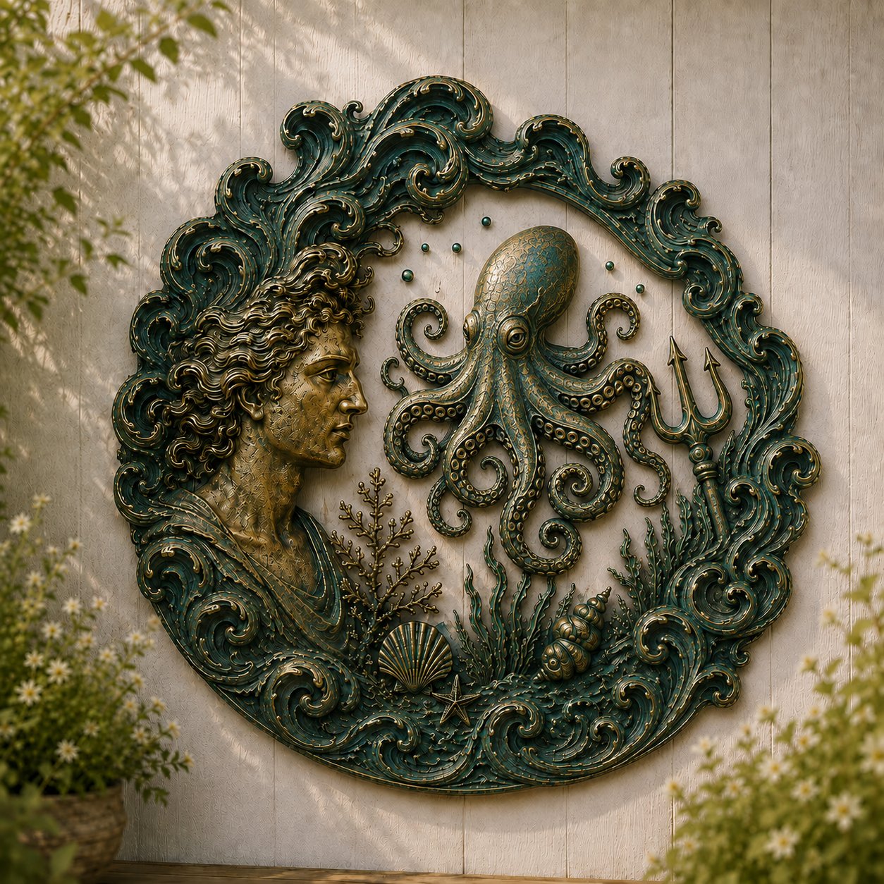 🔱‘Blessing of the Ancient Sea God’ Mural – 🌊Vintage Classical-Style Metal Wall Decoration